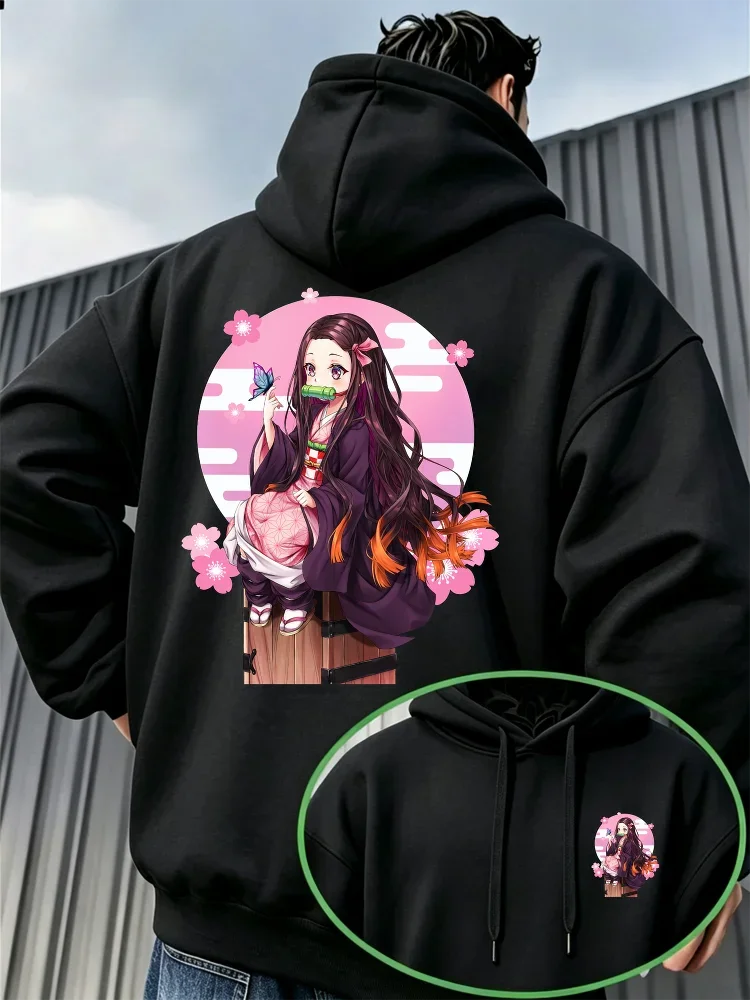 Demon Slayer Nezuko Cherry Blossom Cartoon Front & Back Print Hoodie Unisex Anime Streetwear Pullover Sweatshirt