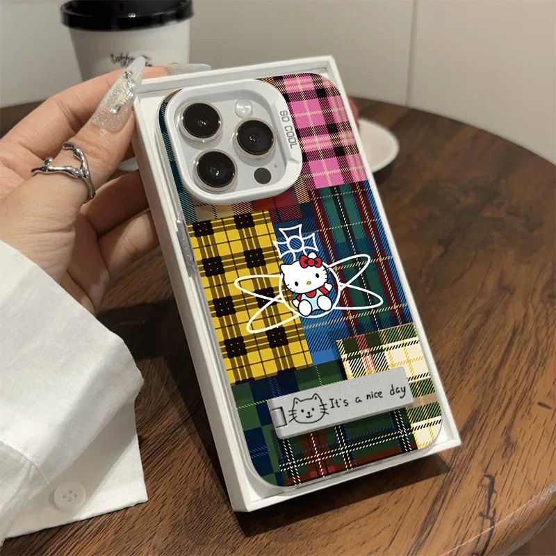 Fashion Plaid HelloKitty with Holder Phone Case For iPhone 16 15 14 13 12 11 Pro Max XR XS 7 8 Plus Lovely Anti Drop Cover Y2k