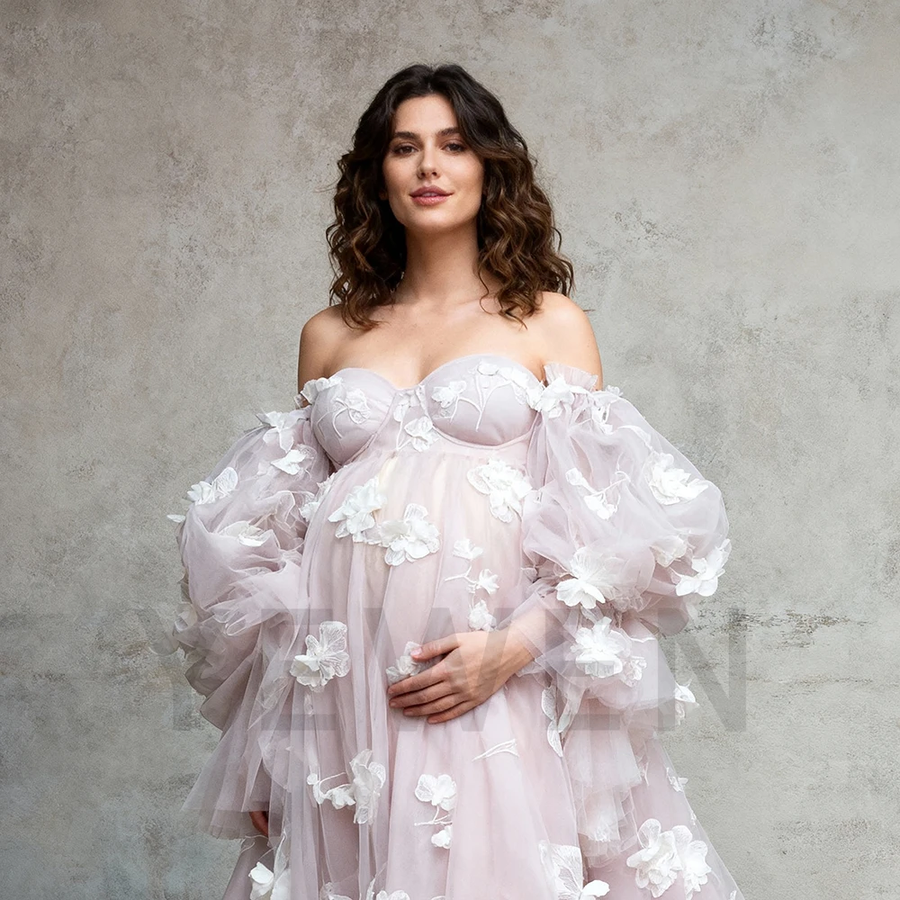 

3D Floral Appliques Dresses for Pregnant Photography Front Split Dress for Maternity Photoshoot Pregnancy Photoshoot Outfit