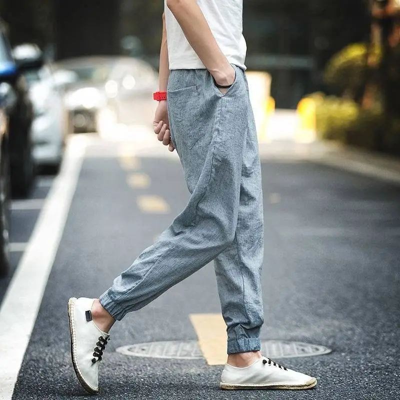 2024 Summer Thin Style Harajuku Men Casual Large Size Loose Foot Binding Cotton Linen Solid Color Ventilation All-match Trousers