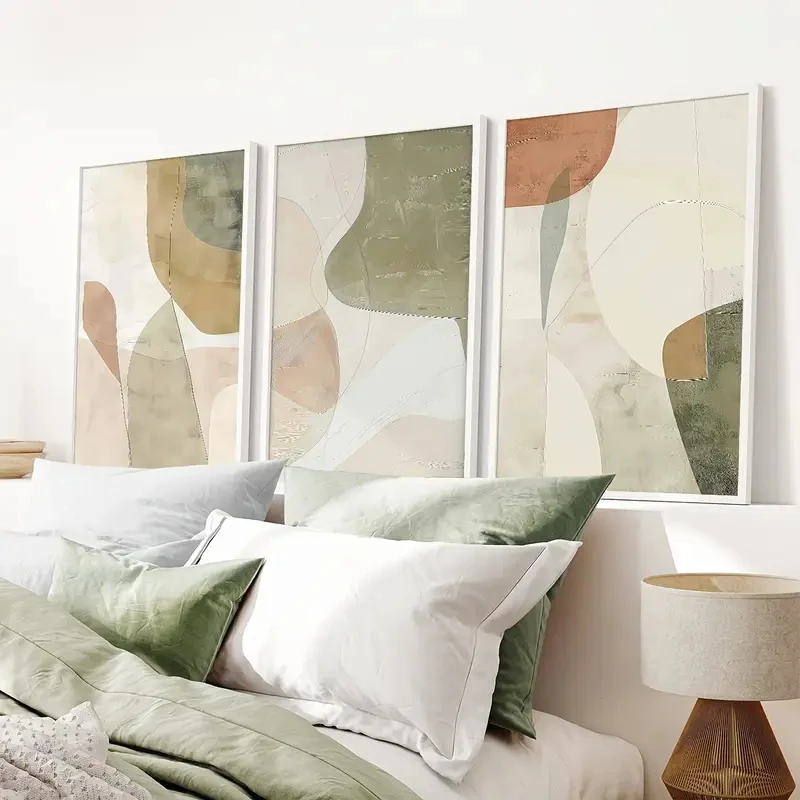 3pcs Modern Abstract, Simple, Neutral Pink and Green Line Canvas Poster Wall Art Living Room Office