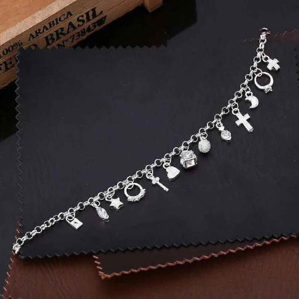 Silver Tone Charm Bracelet For Women, 13 Pendants Zinc Alloy Jewelry, Vintage Cross Heart Star Moon Lucky Gift view 5