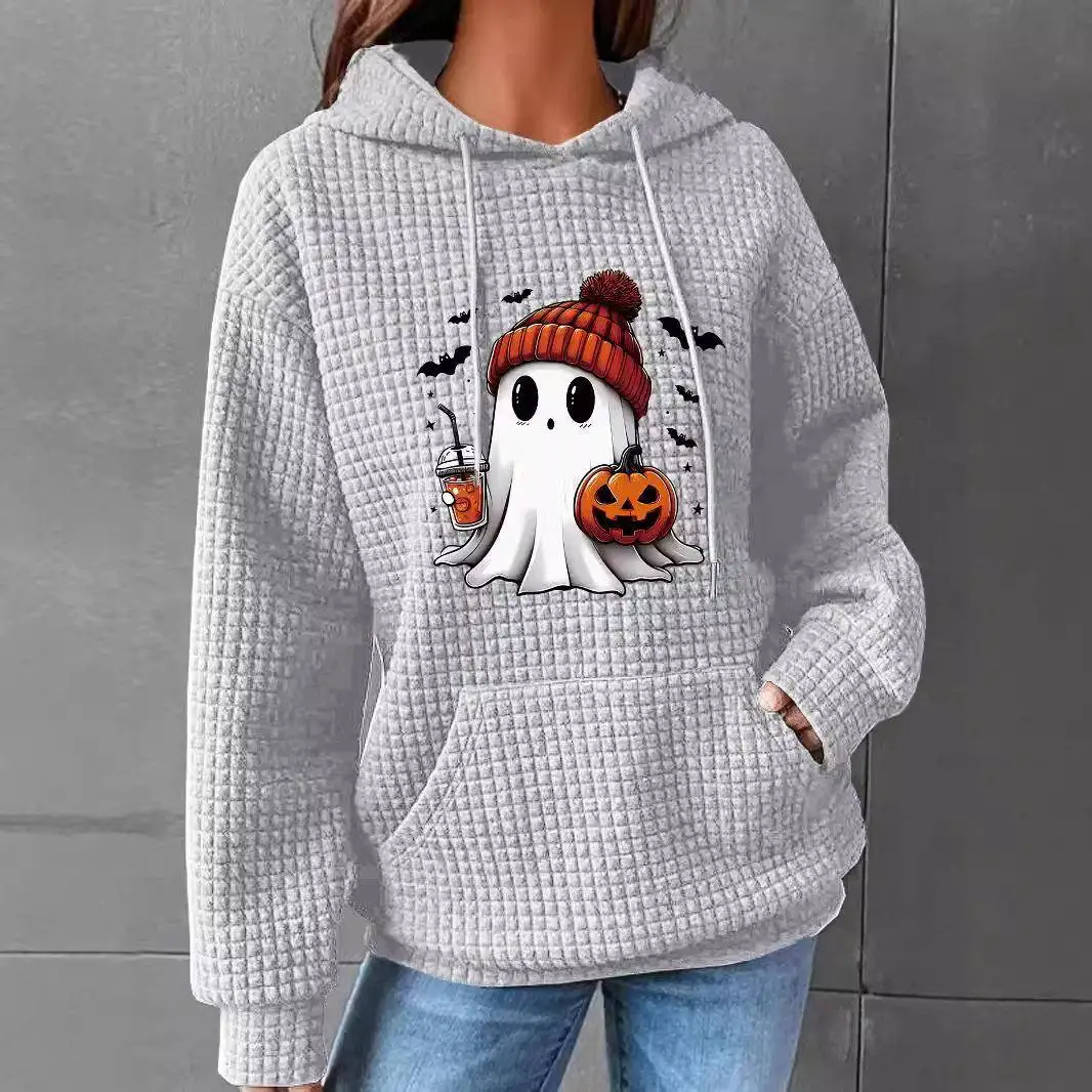 Women's Halloween Cartoon Ghost Print Drop Shoulder Sleeve Long Hoodie Casual Sportswear Set Autumn Winter Fashion Trend
