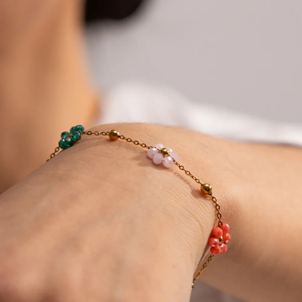 Cute Romantic Colorful Crystal Flower Pendant Necklace for Women Charm Gold Color Stainless Steel Choker Bracelet Jewelry Set