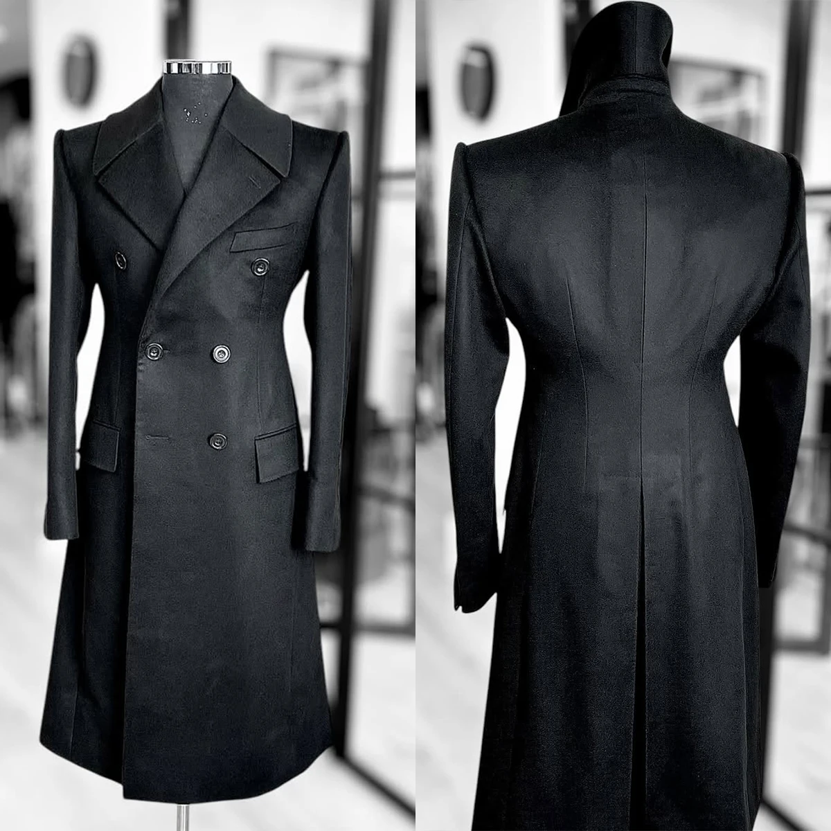 Fashion Woolen Blend Coat Men Black Over Jacket Overcoat Double Breasted Long Plus Size Warm Formal Business Costume Customized