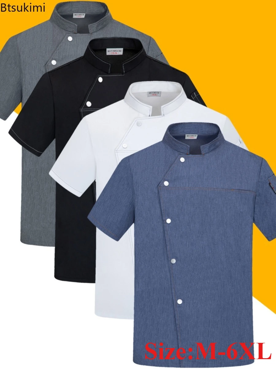 Chef Short Sleeve Coat Restaurant Kitchen Cook Work Uniform Summer Chef Jacket Waiter Waitress Sushi Workwear Tops Plus Size 6XL