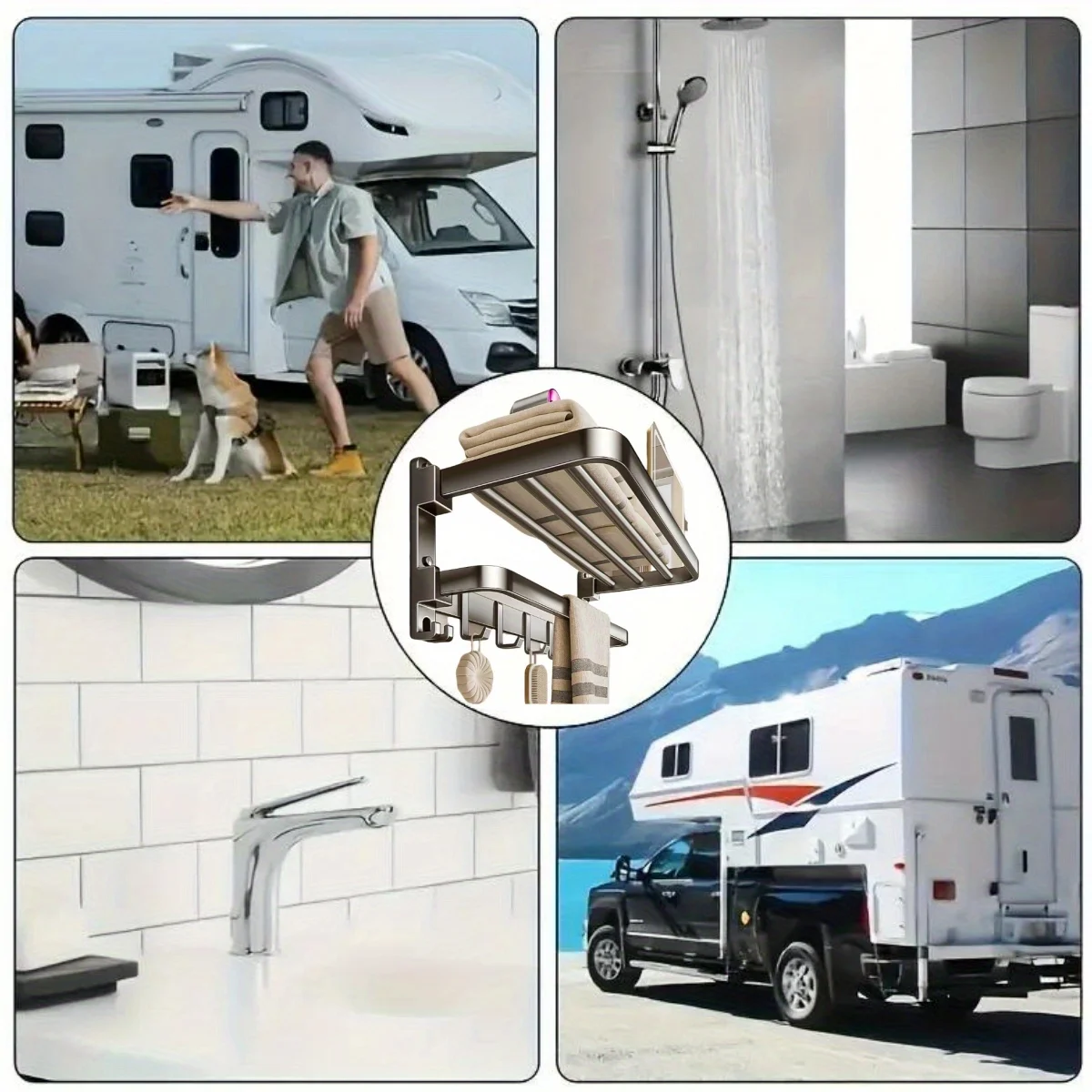 2-story RV foldable towel rack for wall storage, saves space in campers. 90° folding design organizes RV accessories efficiently