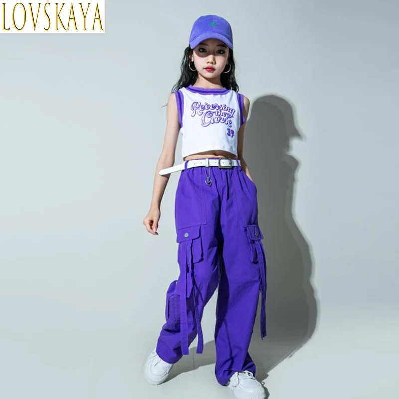 Girls street jazz clothing cut vest V shirt purple hip-hop jogging pants youth show dance clothing children's clothing