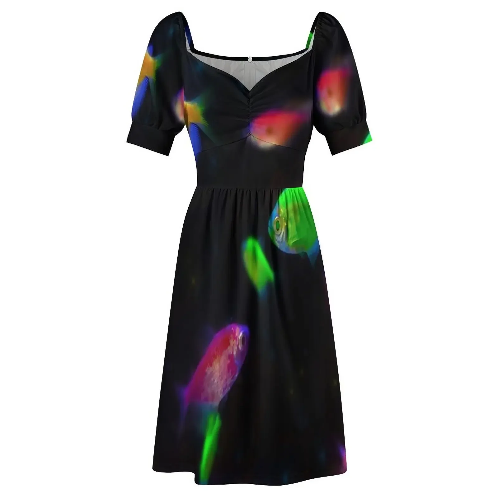 Neon Long-Fin Tetra Fish - Natação em Água Negra Escuro Vestido de Manga Curta vestido feminino vestido de baile de verão 2025