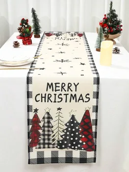 Linen Christmas Table Runner Gray Black Plaid Tree Pattern Home Party New Year Decor Gift 1
