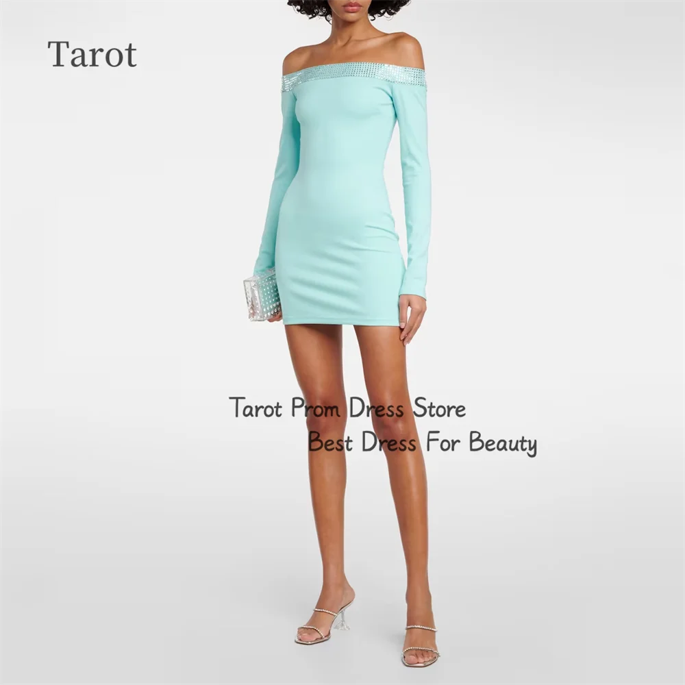 

Tarot A Line Mini Dubai Evening Dresses Off Shoulder Long Sleeves Simple Beading Prom Dress Above Knee Length robes de soirée