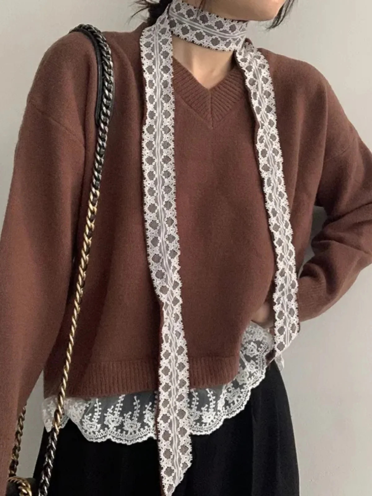 

Korean Sle Sweet Lace Splice V-ne Sweater with Sa Winter Lazy Loose Long Sve Top Women's Faion Casual Knittedwear