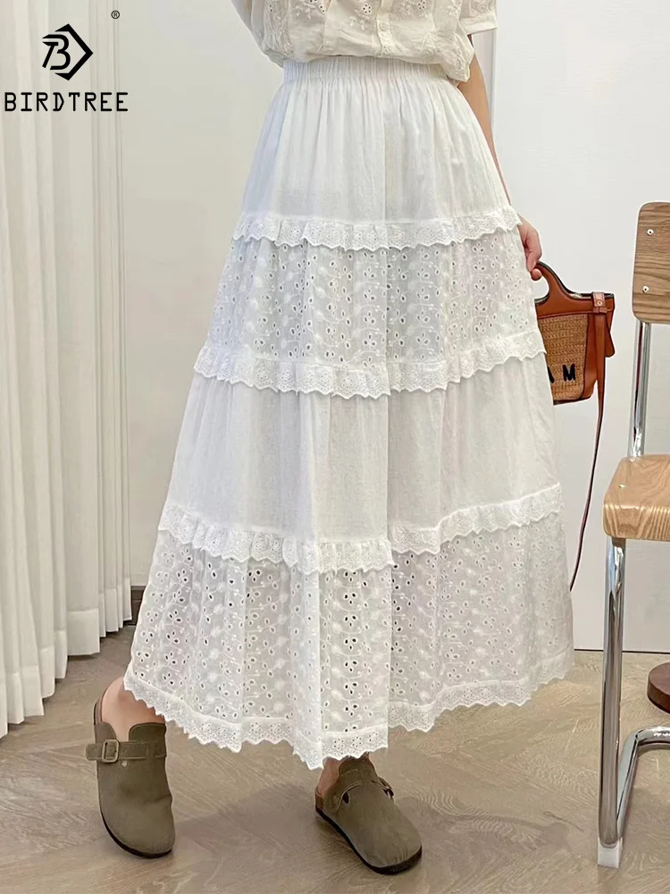 

New Summer Cotton Sweet Skirts Women Elastic Waist Lace Patchwork Skirt Mori Girl French Chic A-Line Skirt 2024 Autumn B47504QM