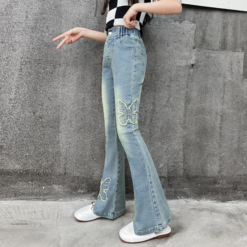 New Fashion Children\'s flared Pants Teen Girls Jeans Vintage Denim Trousers for 5 6 7 8 9 10 11 12 13 14 Years old kids Bottom