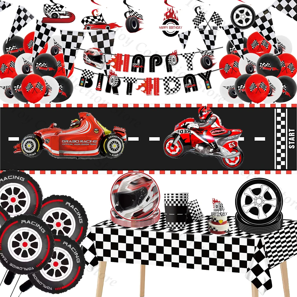 Racing Car Motorcycle Party Supplies Black White Checkere Tablecloth Red Helmet Ballon Set Wheel Plate Birthday Party Decoration