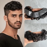 Peluquín de cabello humano 100% Natural de pelo rizado con línea frontal realista para hombres, peluca frontal estilo V para hombre con Base de PU de piel, peluca masculina