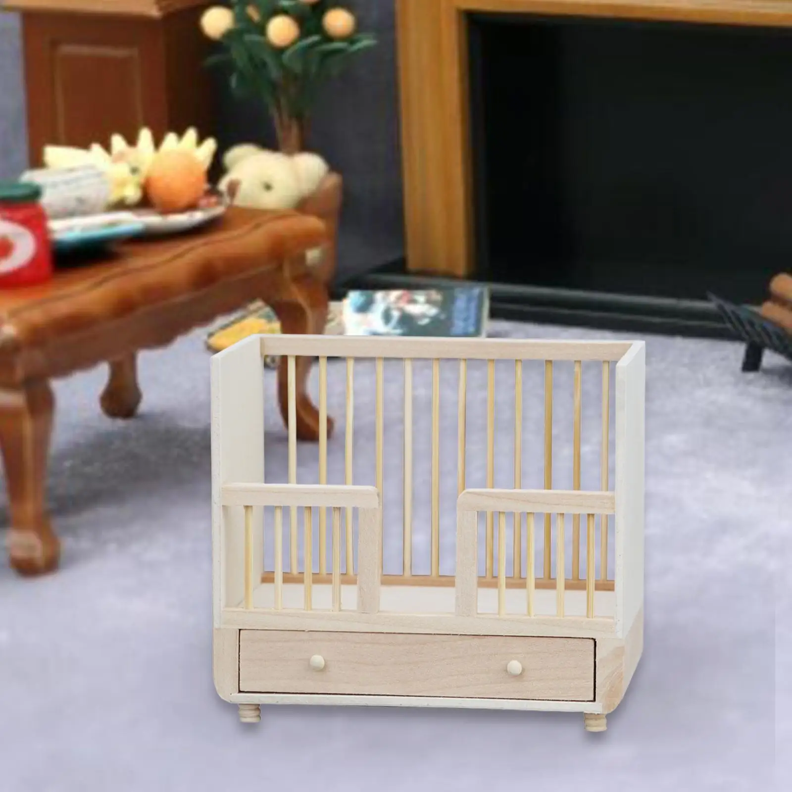 1:12 Wood Crib Bed Miniature Toddler Bed for Role Play Life Scene Layout Handcraft Landscape Decorations Micro Landscape