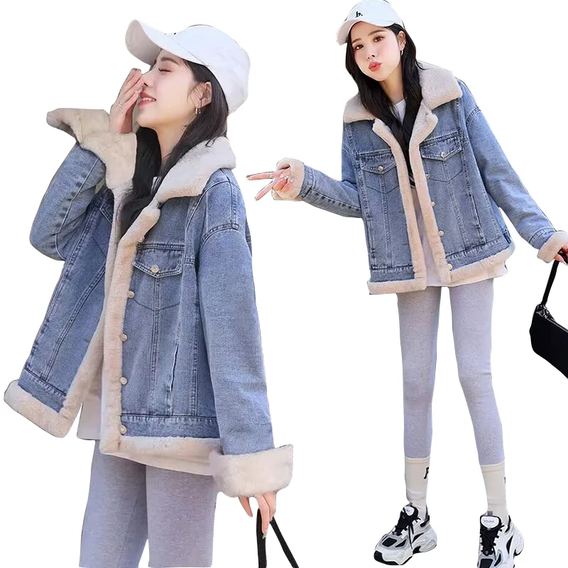 

Winter Female Fur Jacket New 2023 Korean Fashion Women Bomber Jacket Wool Lining denim jacket for women Warm Jeans Coat Female