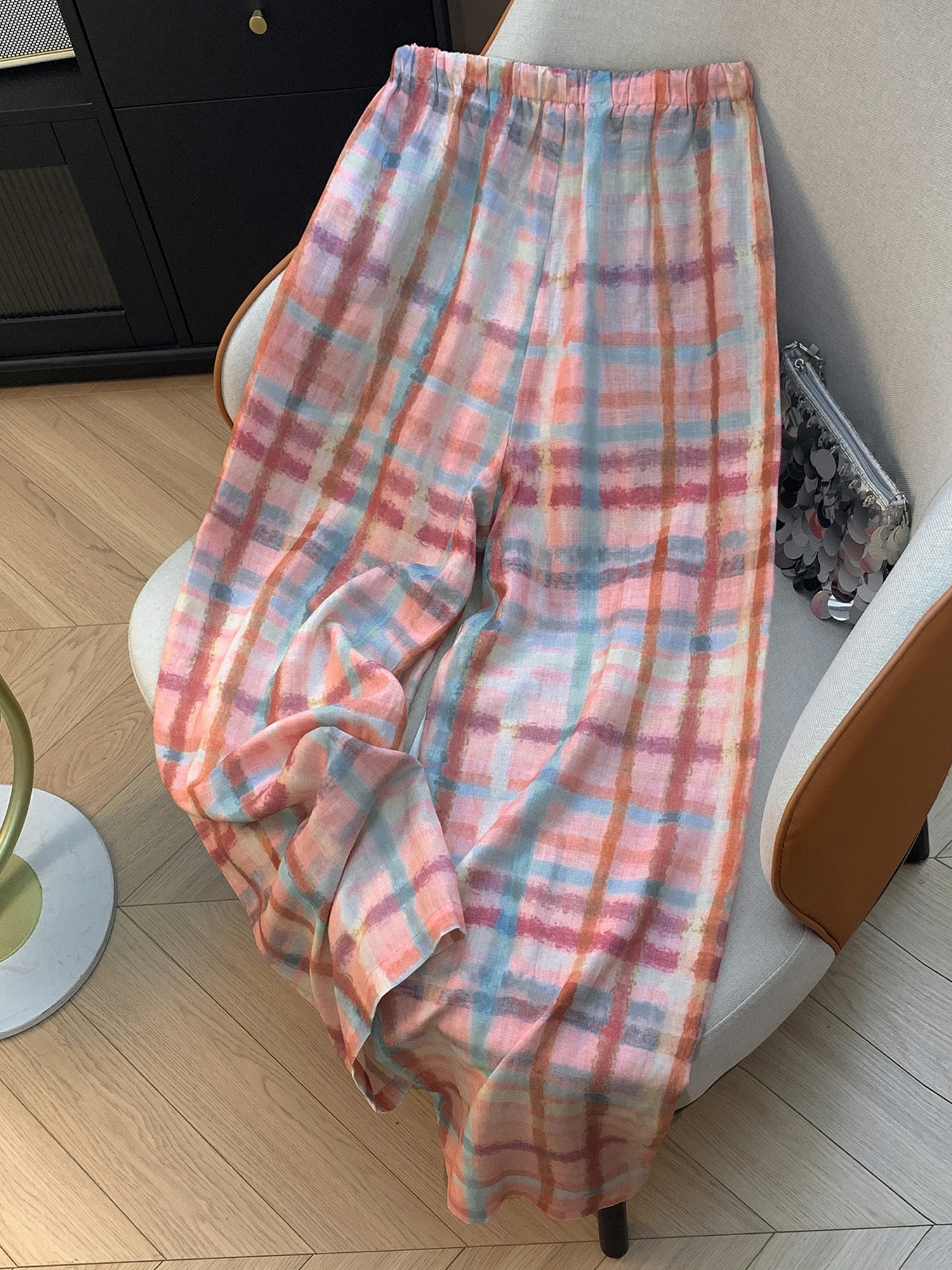 Casual Rainbow Plaid Women's Summer Lightweight Artistic Style Slim Wide Leg Pants High Waist Straight Tube Vintage Trousers