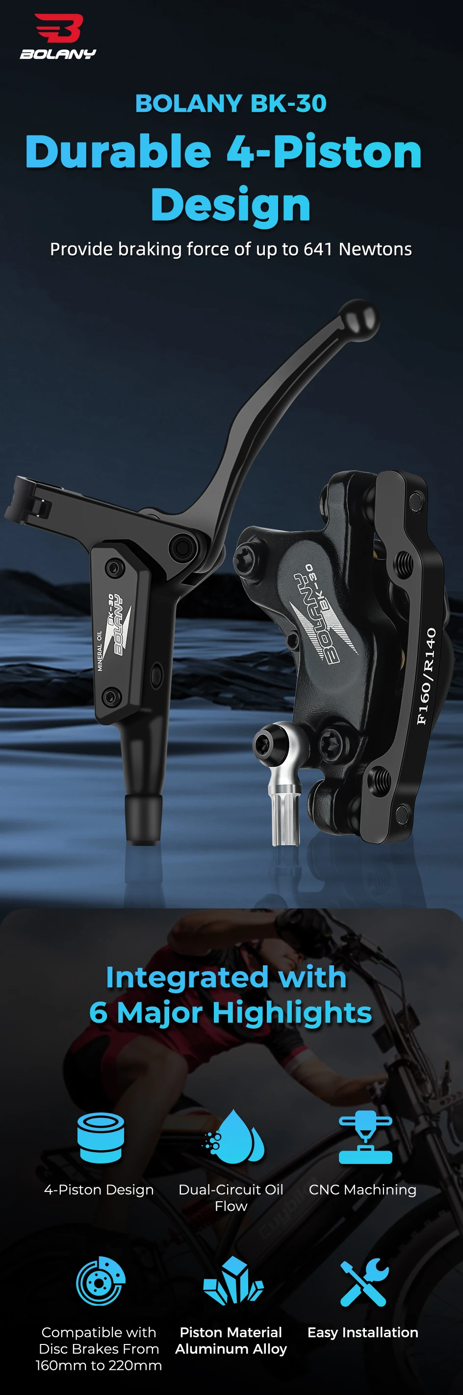 BOLANY Elektrofahrrad 4-Kolben hydraulische Bremsen MTB Scheibenbremse Stromausfall Schutz Mountainbike Bremsen für E-Bike-Teile – Detail 1