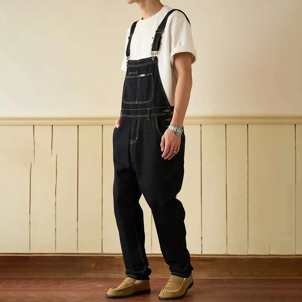 2025 Winter New Men's Solid Color Denim Overalls American Retro Fashion Trend Street Hip Hop Loose Casual Niche Men's Clothing