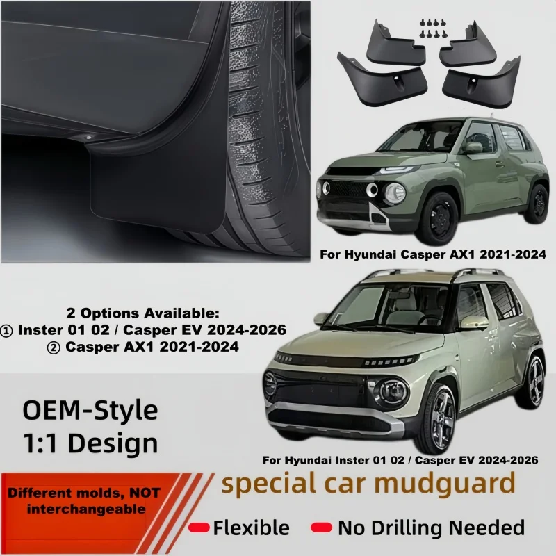 Mud Flaps For Hyundai Inster 01 02 Casper EV & Casper AX1 Car Front Rear Splash Guards Fender Mudguards 4Pcs