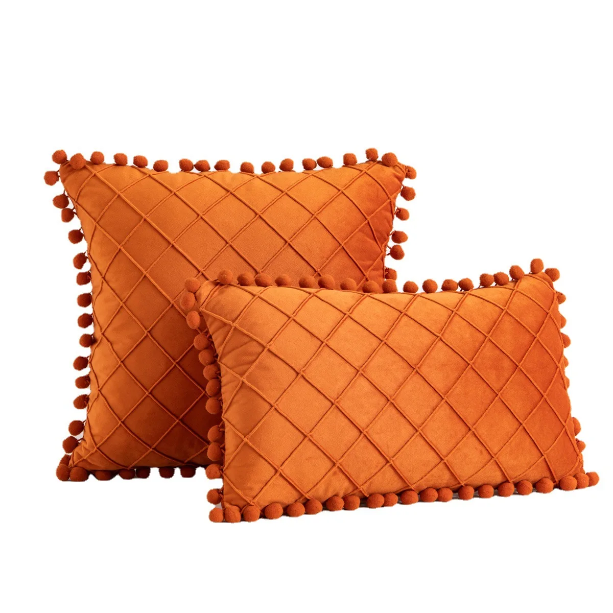 diamond grid pleated pillowcase sofa Velvet cushion cover pompom lumbar pillow cover