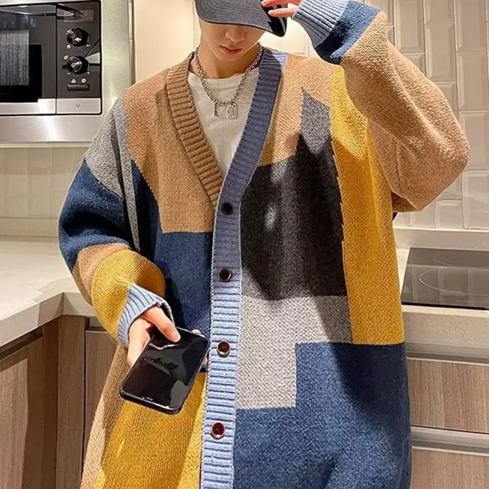 

Men Knitted Sweater Men Sweater Stylish Men's Colorblock Knitted Sweater Coat Warm V Neck Cardigan with Patchwork for Fall