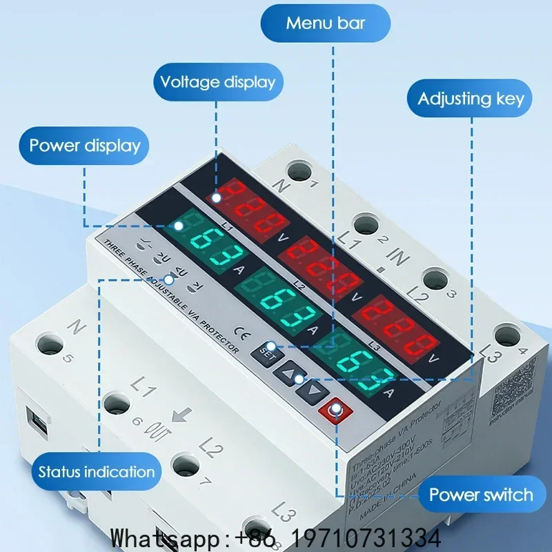 100A/63A 3 Phase 4 Wire Din Rail Adjustable Over Under Voltage Current Limit Protection Relay Protector Voltmeter Ammeter