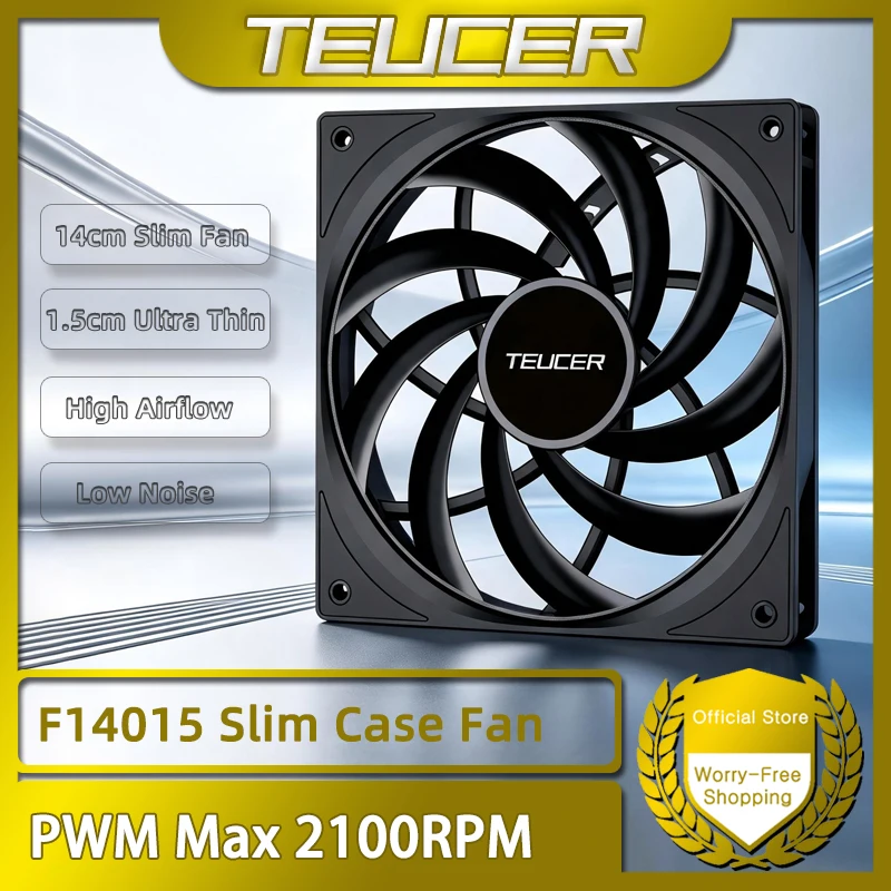 TEUCER F14015 Slim Cooling Fan 4-Pin PWM High-Airflow Fan Compatible with the Entire Range of Computer Cases