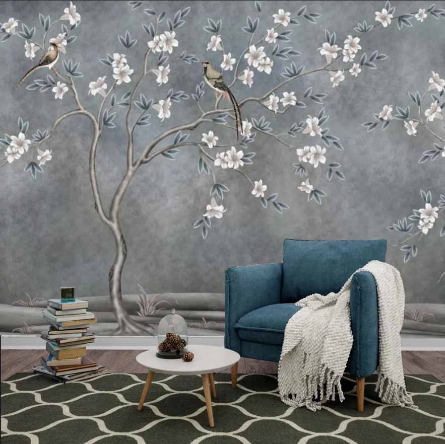 Customized 3D wallpaper hand-painted plum blossom flower bird mural, living room bedroom bedside background decoration painting