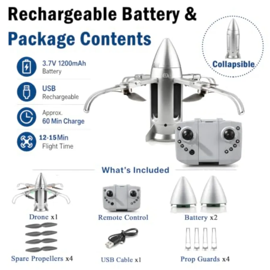 Outdoor RC rocket drone for kids: foldable aircraft toy with mist spray, 2.4GHz control, 2 rechargeable batteries, blue-red col