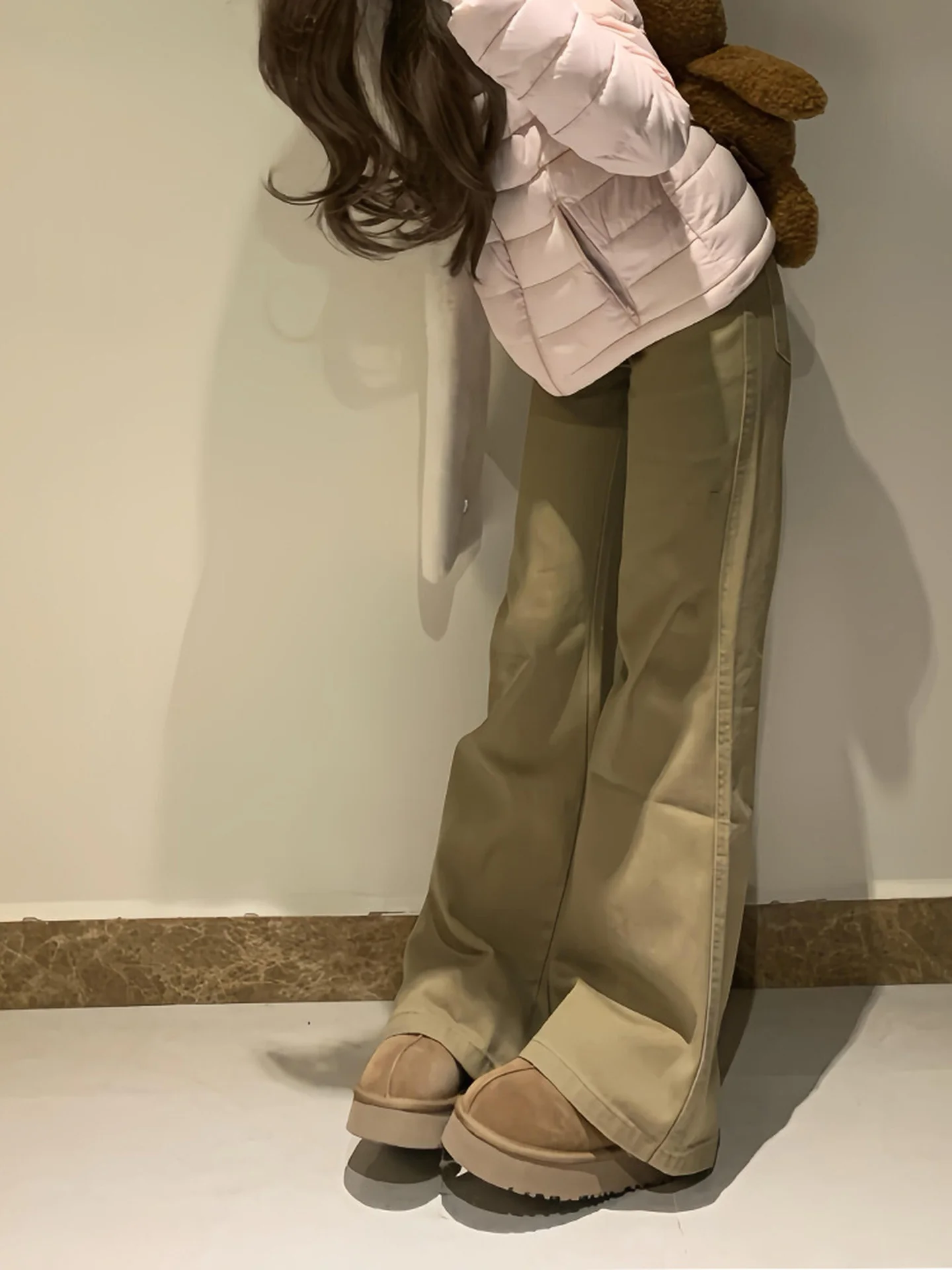 Rétro américain Fce doublé kaki lâche femmes jean taille haute jambe large pantalons longs pour poire aped corps automne hiver nouveau S...