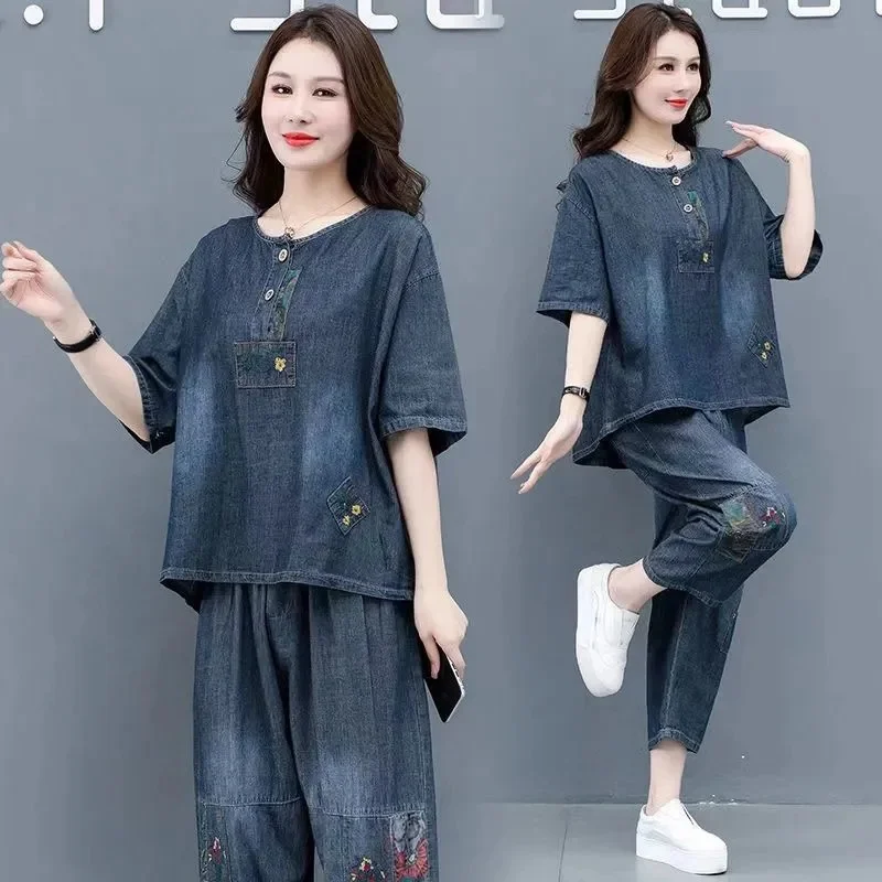 2024 Summer New Women\'s Denim Loose Fit Slim Fashion Two Piece Embroidered Western Style Casual Set For Female Trend