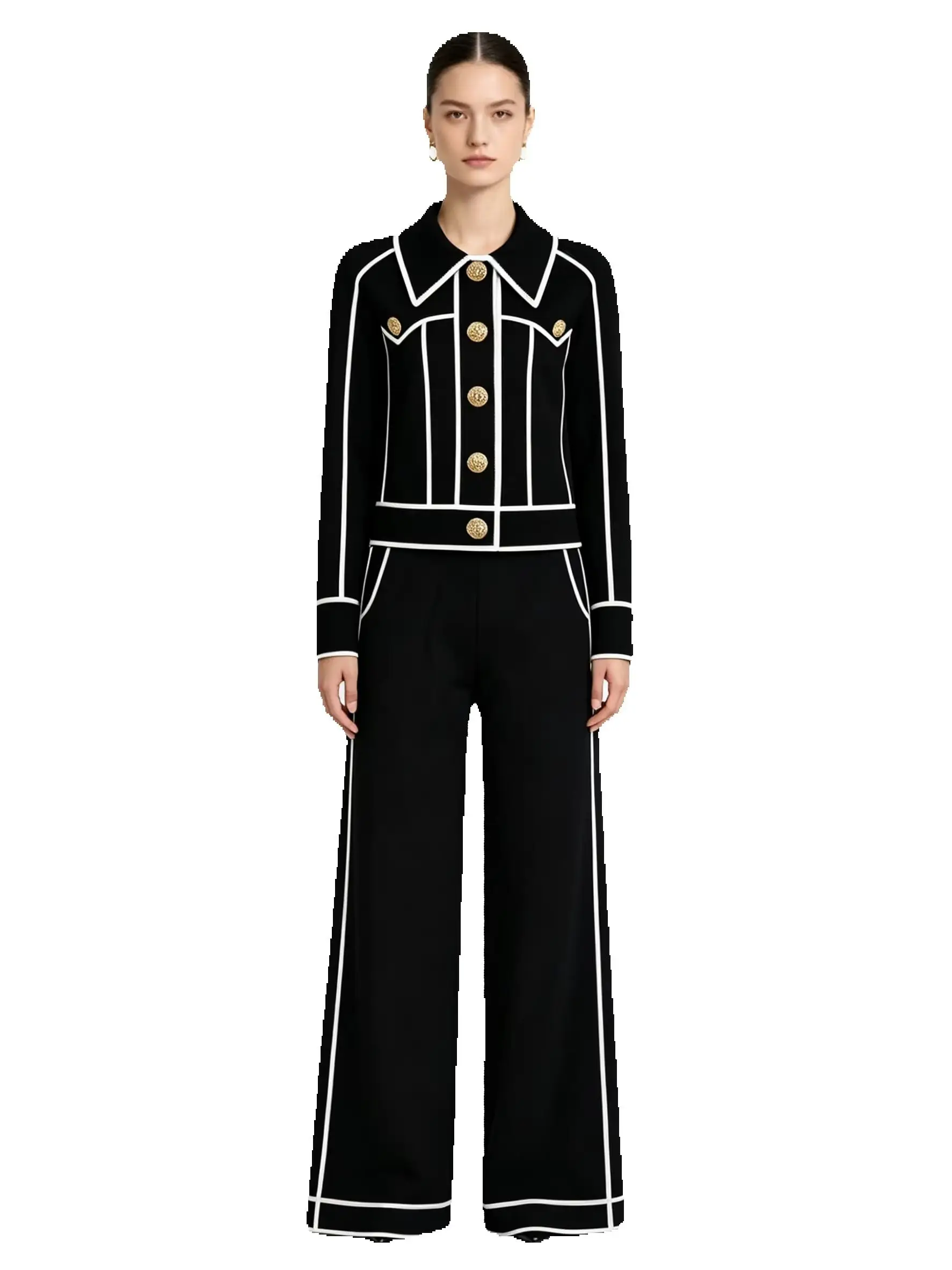 25286 High Quality Spring and Autumn New Style Fashion Patchwork Elastic Knitted Casual Style Button Cardigan+Pants Women's Set