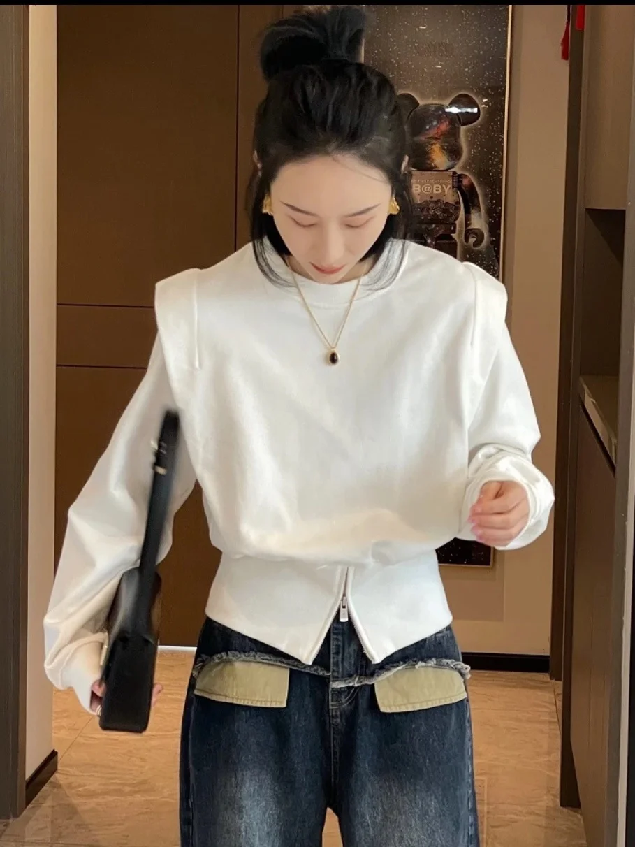 Pure Cotton Flying Sleeve Design Sense Niche Hoodie Female 2024 Spring New Loose Round Neck Insert Solid Color Long Sleeved Tops