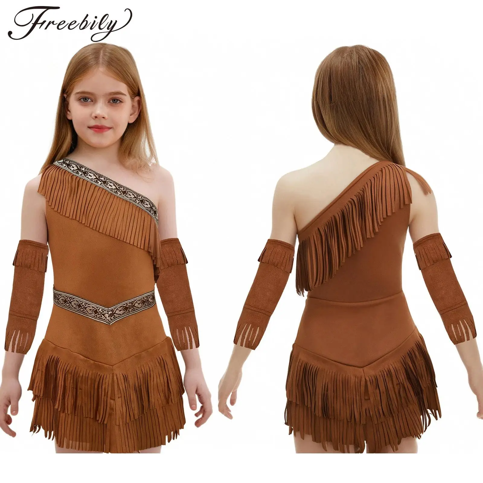 Teen Girls Indian Indigenous Costumes Halloween Native American Hunter Cosplay Party Dress Up Fringe Suede Dress with Sleeves