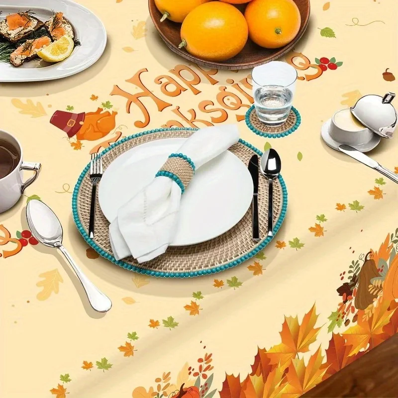 One charming autumn farmhouse-style tablecloth featuring maple leaf, turkey and pumpkin patternszyc