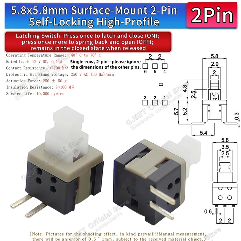 10 Stück 5,8x5,8 7x7 8x8 8,5x8,5mm Selbstverriegelnde/Nicht-verriegelnde Reset-/Multimeter-Taster, Taktiler Mikroschalter, 3/6-Pin Drucktastenschalter – Detail 30