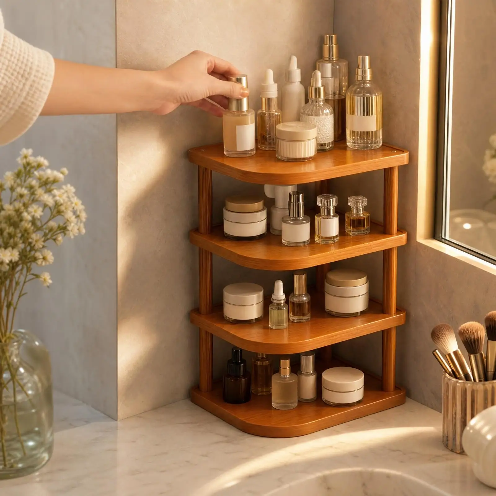 Bamboo Corner Storage Shelf for Kitchen Counter Desk Organizer Shelf Space Saving Rack with Round Shelves