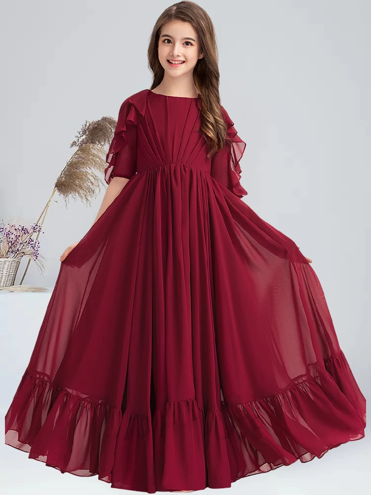 A-line Scoop Neck Floor-Length Chiffon Junior Bridesmaid Dress with Cascading Ruffles Burgundy Flower Girl Dress for Weddings