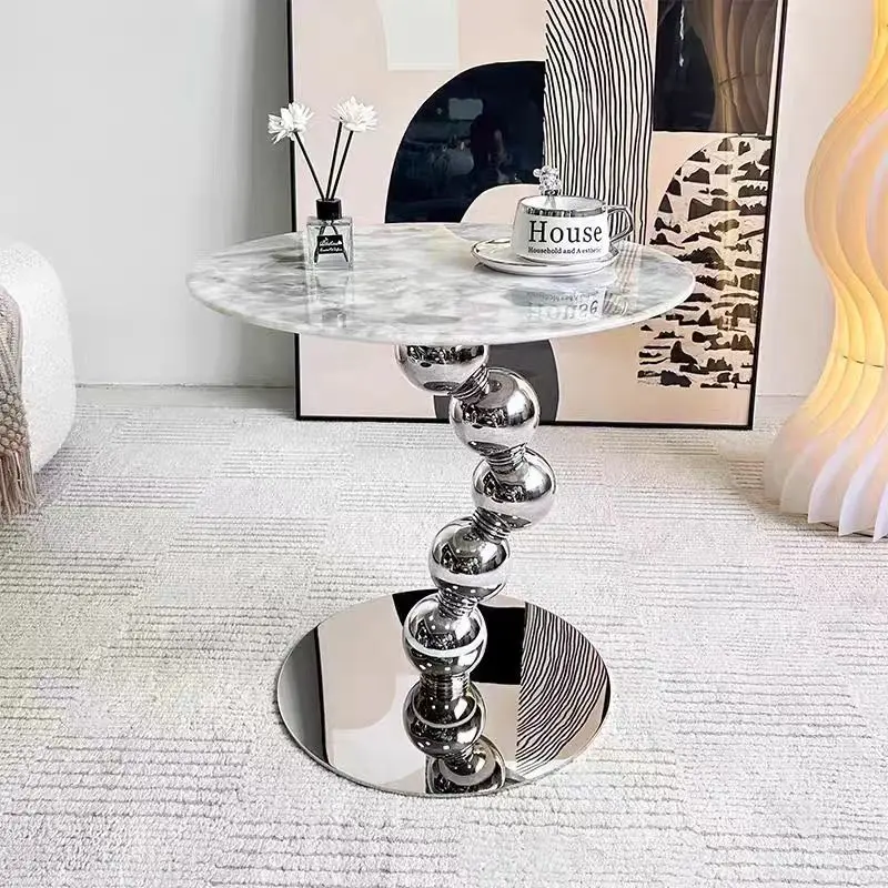 

xc-Luxury Modern Marble Side Table Round Stainless Steel Base Bed Sofa Side Table for Living Room Bedroom#