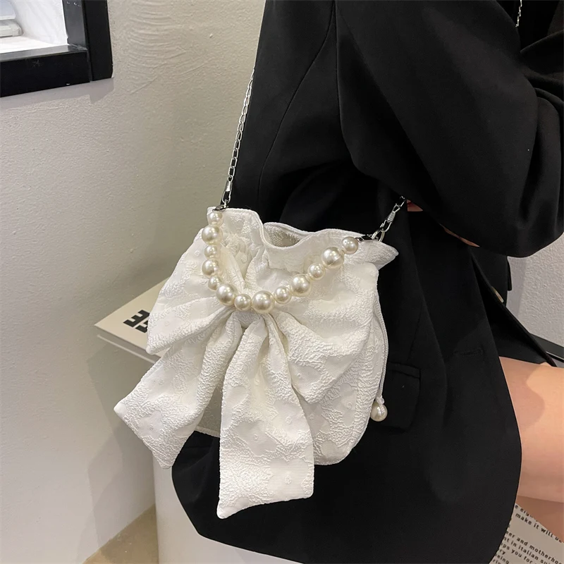 Niche Fashion Handbag for Women New Trendy Summer Versatile Cute Bow Pearl Crossbody  Bag Japanese Casual Canvas Bags