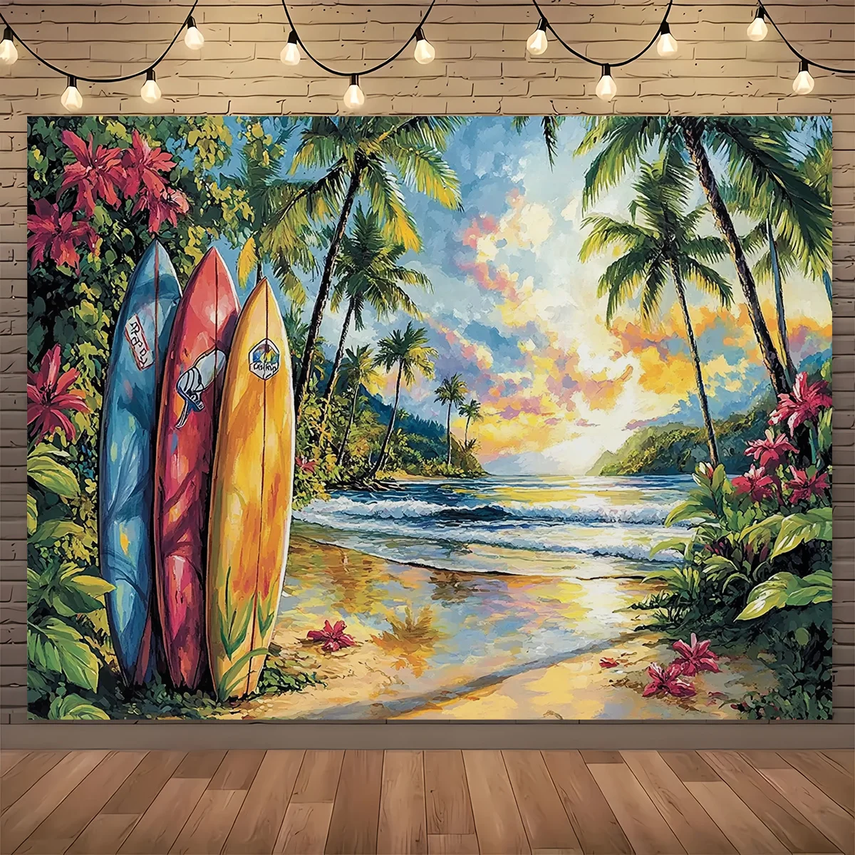 1 lebendiger tropischer Strand-Sonnenuntergang-Hintergrund, mit Surfbrett, Polyesterstoff, perfekt für Strandpartys und Fotografie