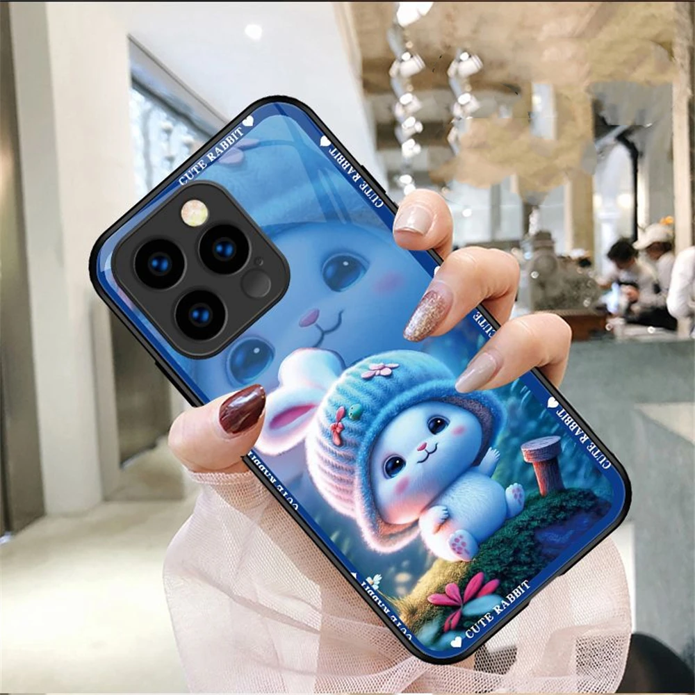 

So Cute Rabbit Smart LED Light Glow Glass Phone Case For iPhone Air 17 16 E 15 14 13 12 11 Pro Max Plus X XS XR SE Mini 6 7 8