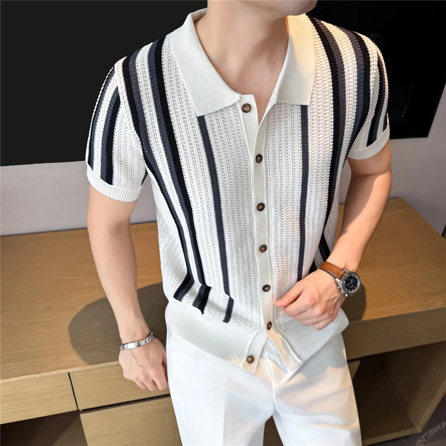 Men's Striped Knit Polo Shirt, Hollow Breathable Short Sleeve Button Down Top for Business Casual Summer Daily Wear