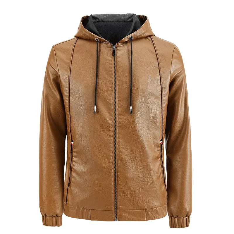 Men's Jacket PU Leather Hooded Drawstring Slim Fit Motorcycle Casual Jacket