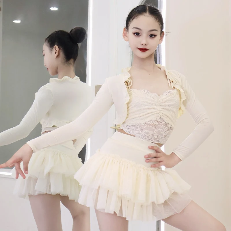 

Kids Latin Dance Clothes Girls Practice Outfits Lace Tops Skirt Coat Cha Cha Rumba Dance Performance Dress Black Beige DNV25093