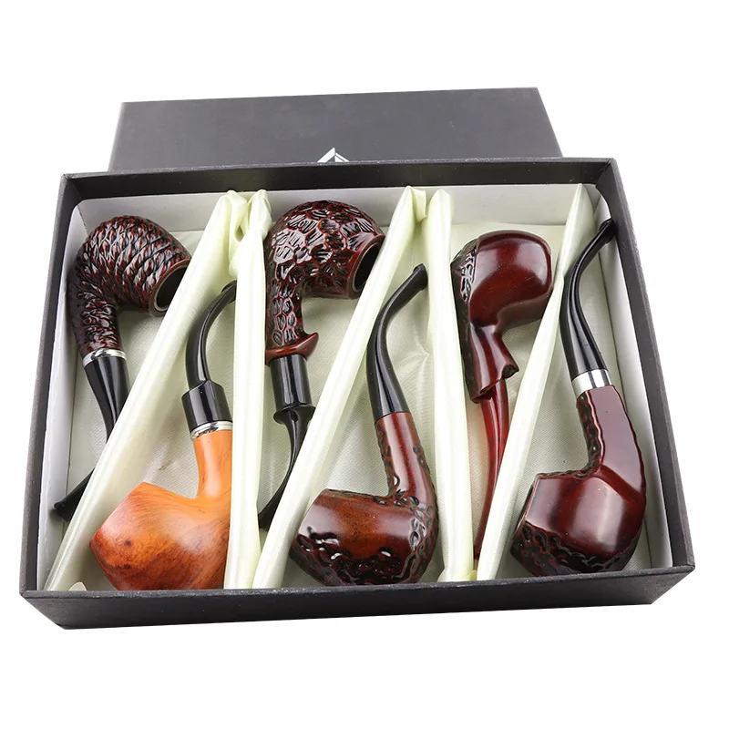 

6 Pcs/Set Classic Style Wood Resin Tobacco Smoking Pipes Hand Pipe With Gift Box for Grandfather Boy Friend Father