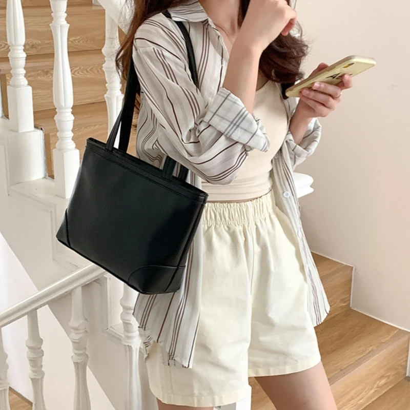 

Korean Women PU Leather Commuter Bag Casual Tote Lady Simple Solid Color Shoulder Underarm Bag Large Capacity Shopping Handbag